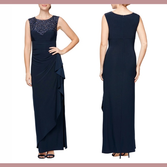 NEW‎ Alex Evenings [ 16 ] Embroidered Side Ruched Gown in Navy Blue - Picture 1 of 12
